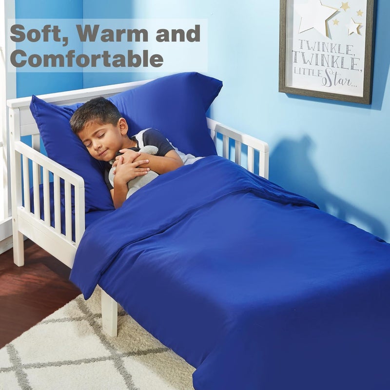 EVERYDAY KIDS 4 Piece Toddler Bedding Set - Includes Comforter, Flat Sheet, Fitted Sheet and Reversible Pillowcase - Solid Navy - Image 5